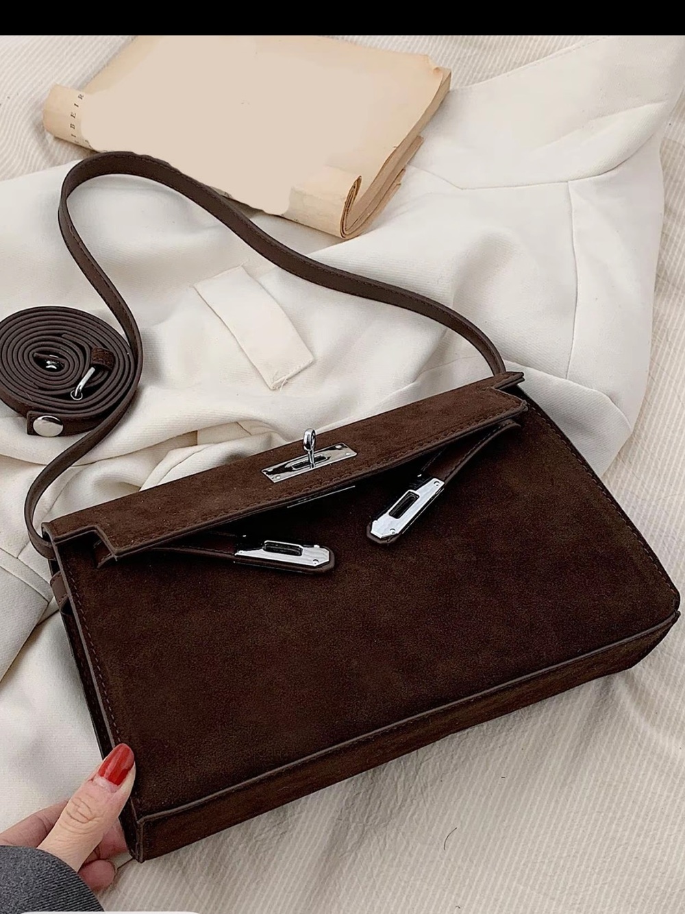 Brown faux Suede twist lock shoulder Bag